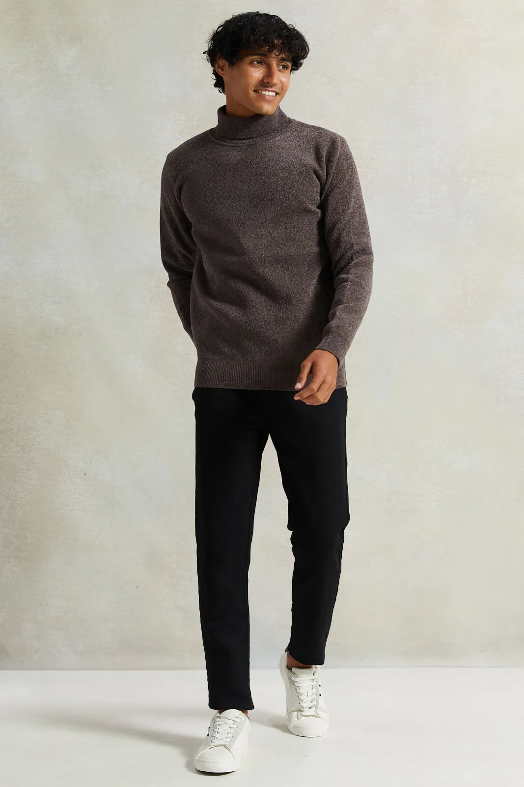 Men Brown High-Neck Pullover