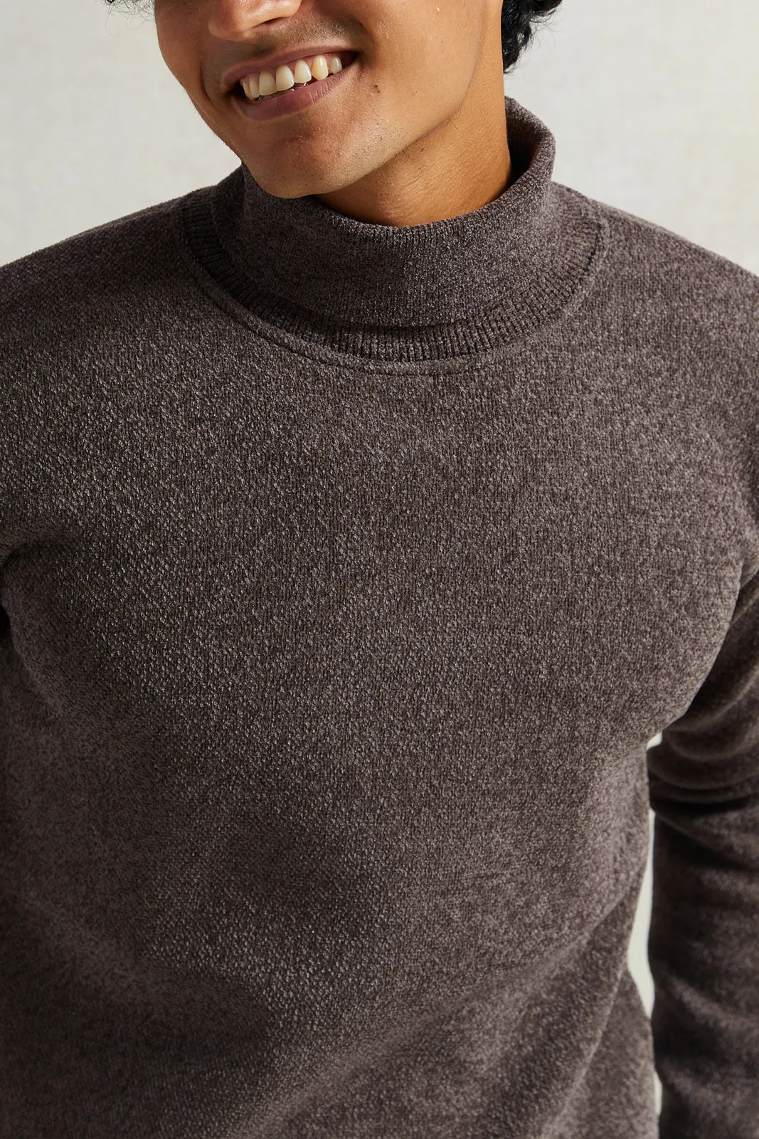 Men Brown High-Neck Pullover