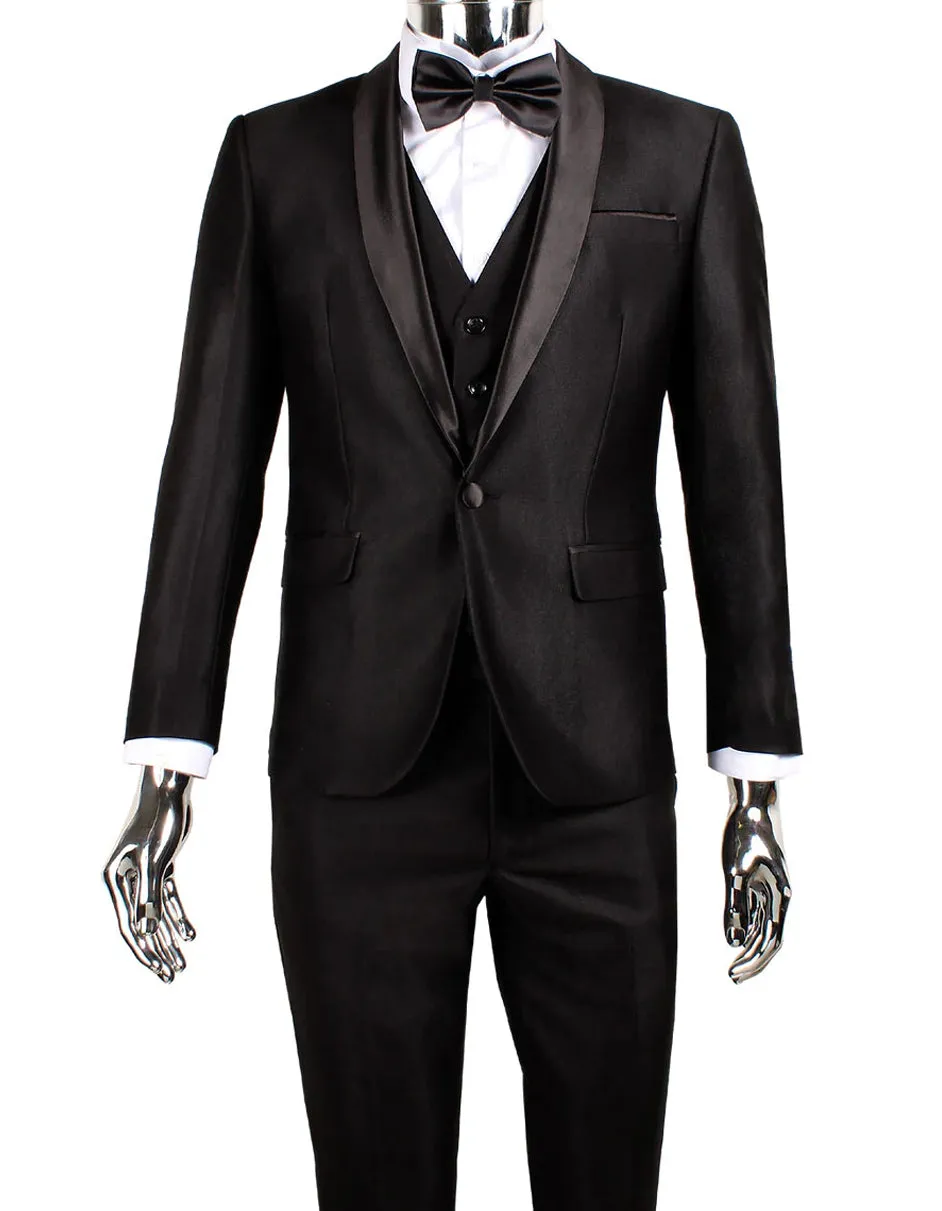 Mens 1 Button Shawl Lapel Vested Wedding | Prom Tuxedo in Black Sharkskin