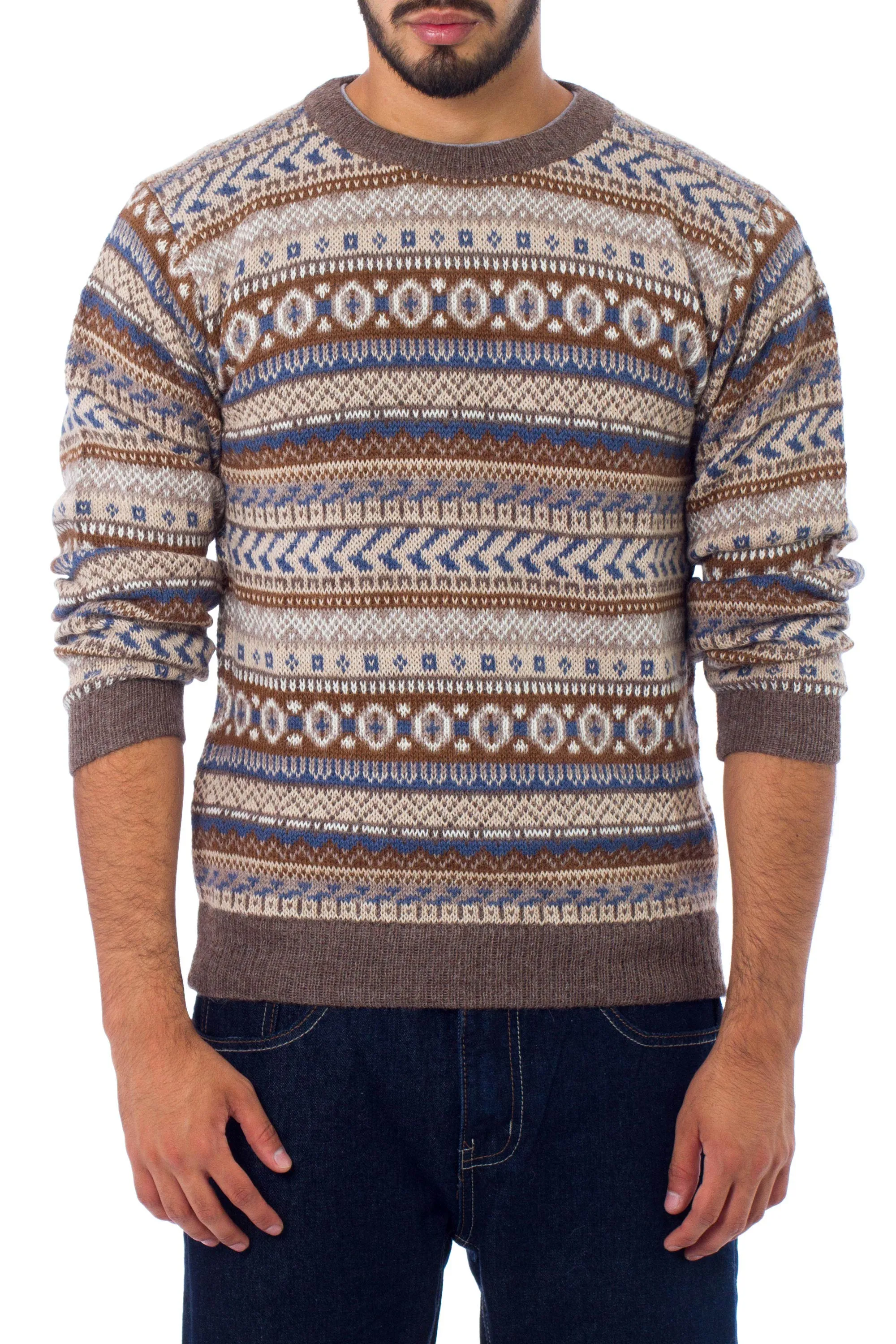 Men's Alpaca Pullover Sweater - Ice Earth | NOVICA