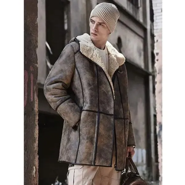 Men's Bomber Shearling Fur Hooded Winter Long Leather Jacket Trench Coat