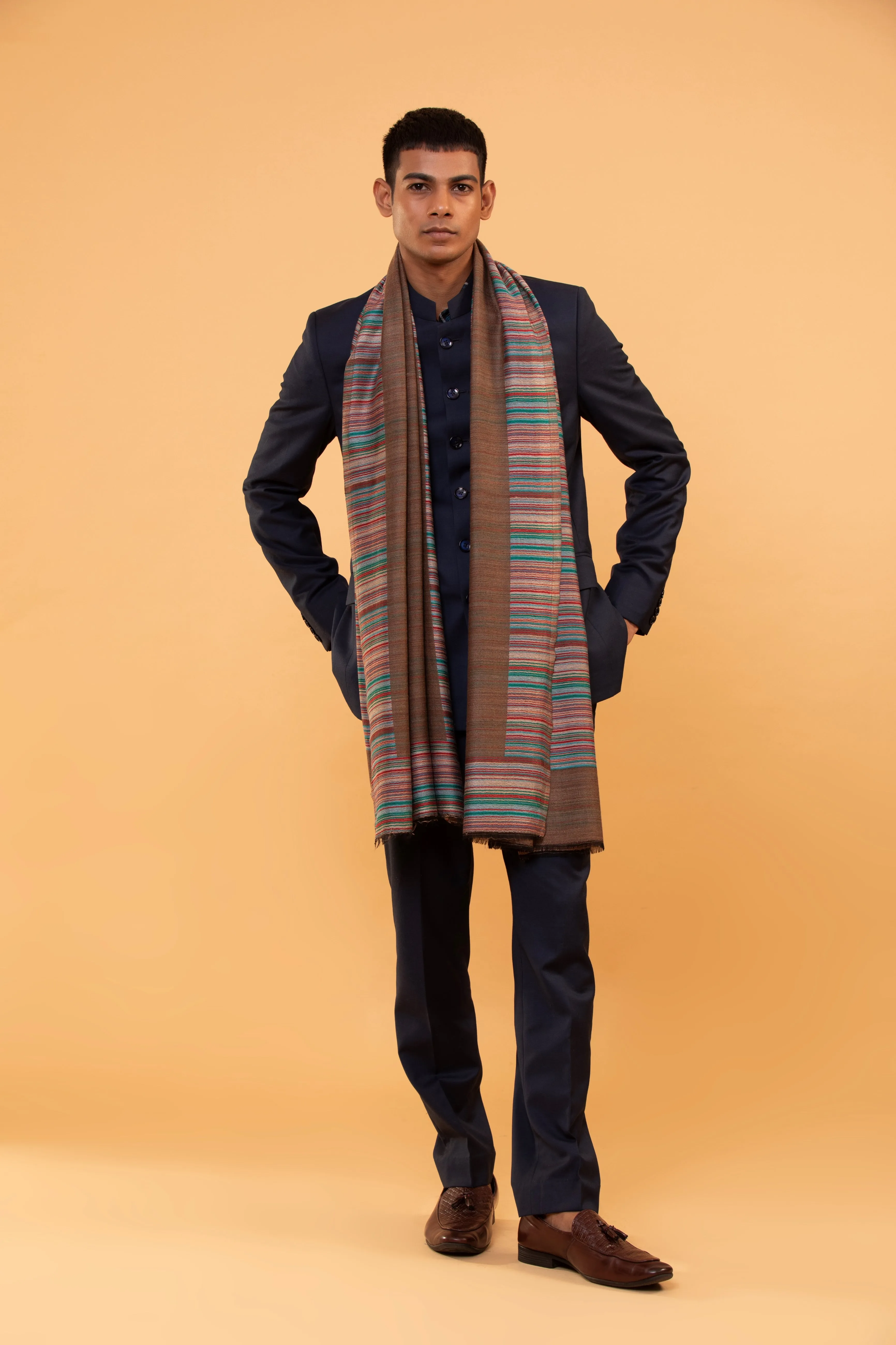 Men's Elegant Brown Stripe Shawl in Fine Wool Faux Wool Designer Wrap