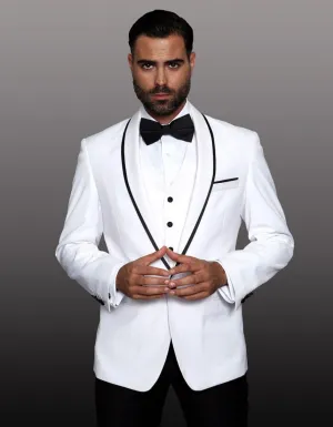 Mens One Button Satin Trim Shawl Tuxedo in White & Black