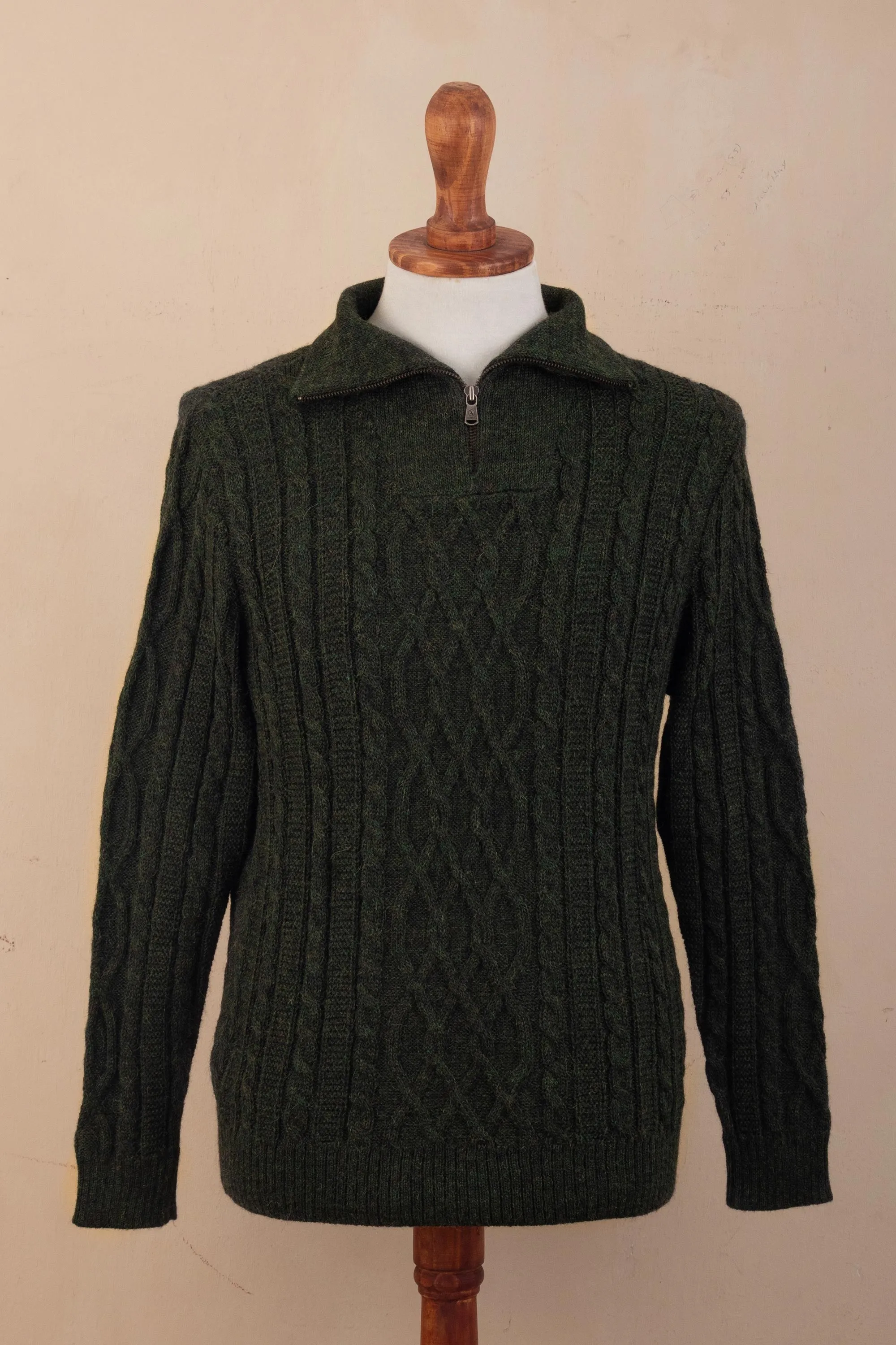 Men's Zip-Neck Alpaca Sweater - Woodland Walk in Moss | NOVICA