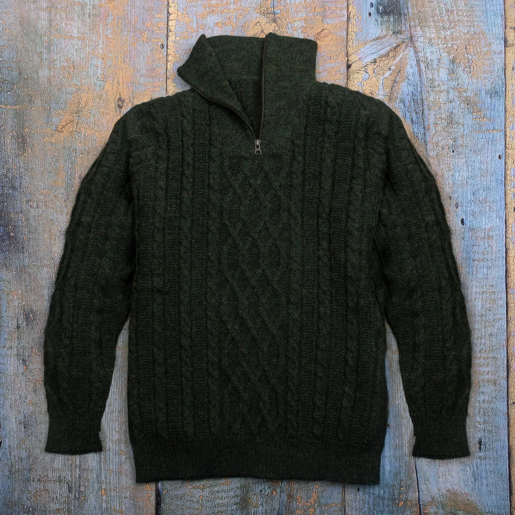 Men's Zip-Neck Alpaca Sweater - Woodland Walk in Moss | NOVICA