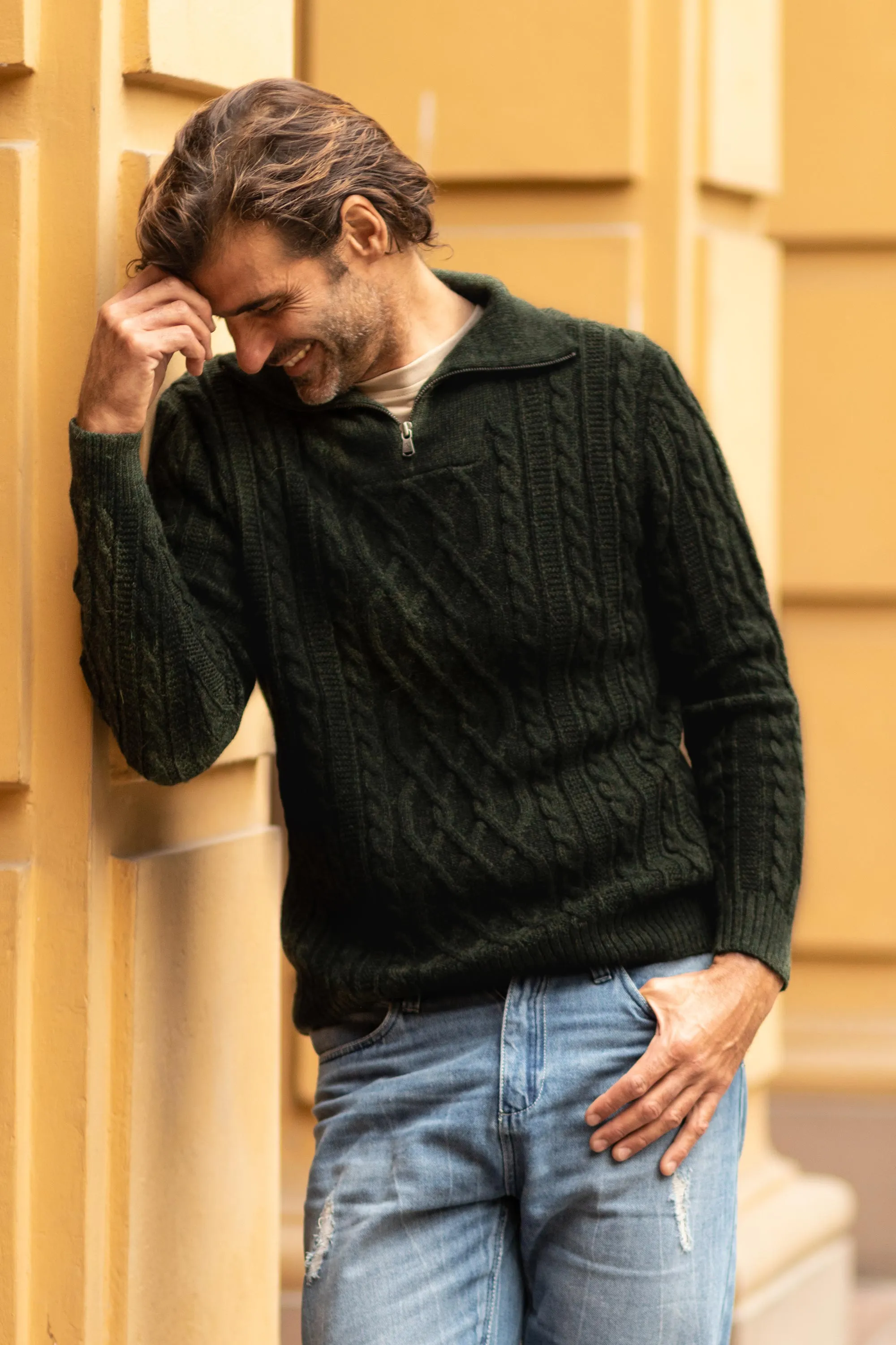 Men's Zip-Neck Alpaca Sweater - Woodland Walk in Moss | NOVICA