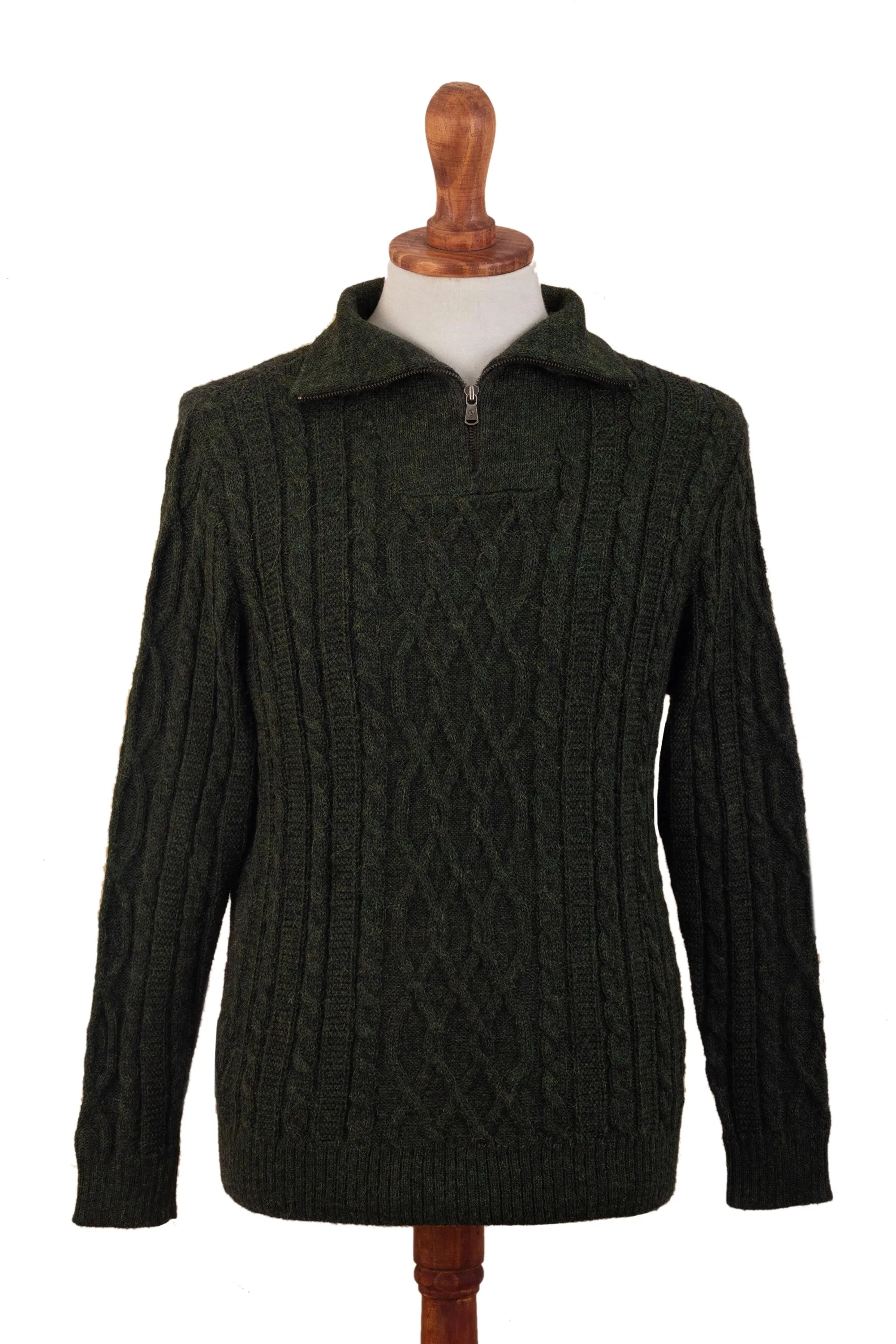 Men's Zip-Neck Alpaca Sweater - Woodland Walk in Moss | NOVICA