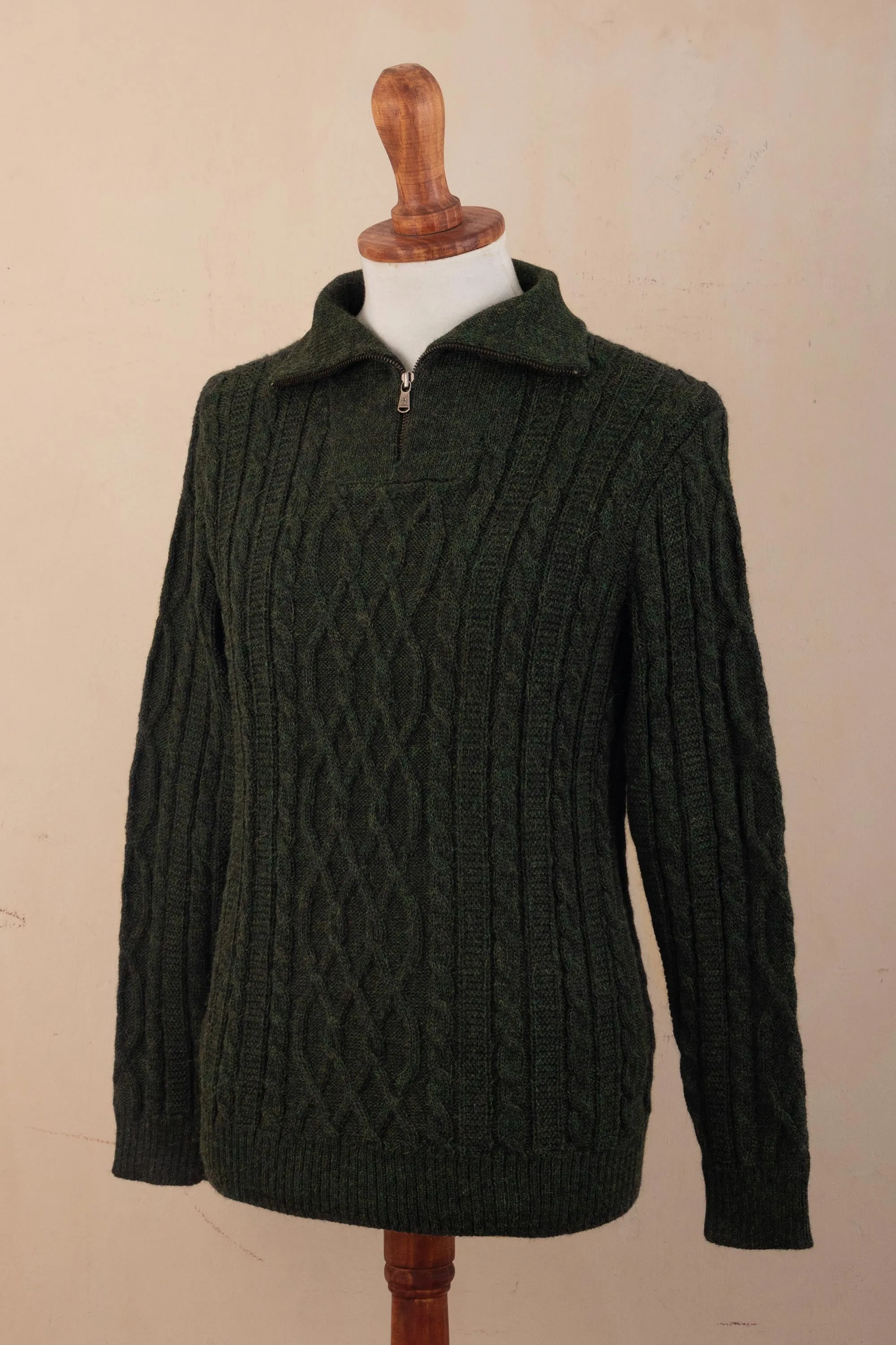 Men's Zip-Neck Alpaca Sweater - Woodland Walk in Moss | NOVICA