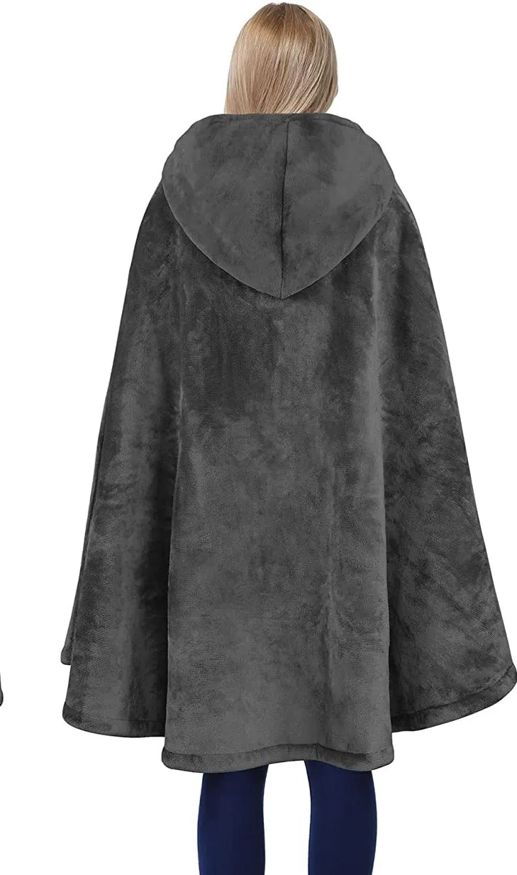 Modern Gray Sherpa Hooded Fleece Cloak Coat