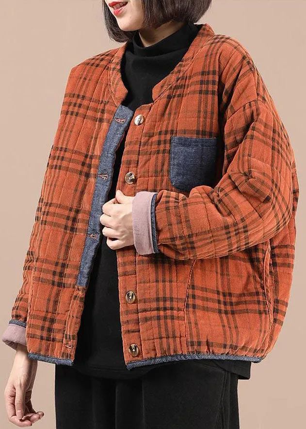 Modern Orange Plaid Fine Cotton Filled Parka Jacket Winter