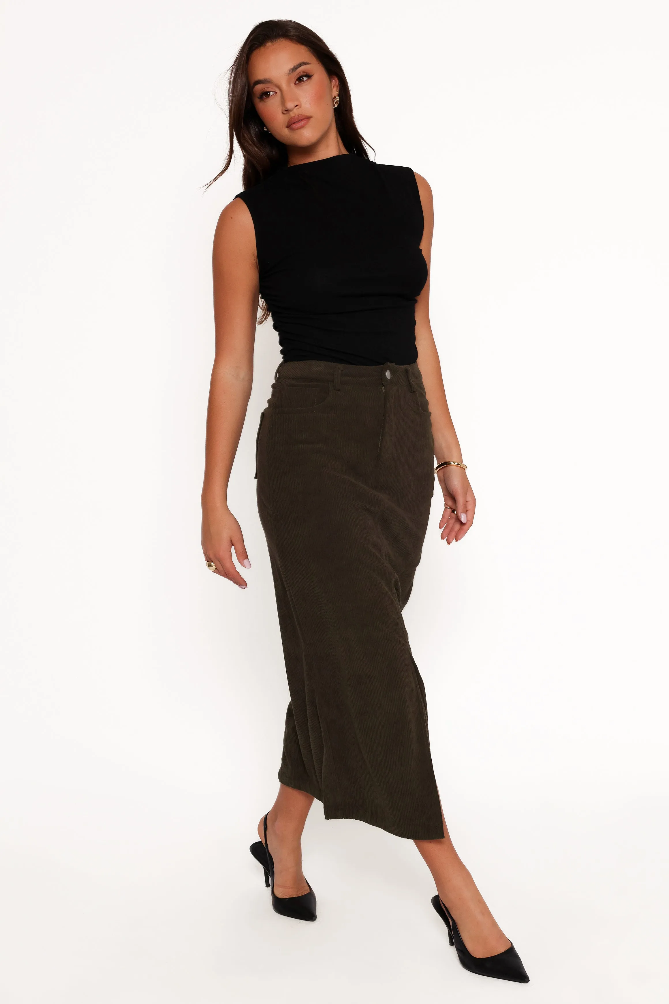 Myra Corduroy Midi Skirt - Olive