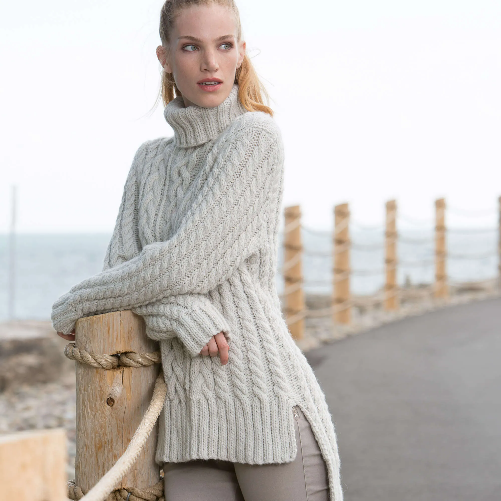 Patons Split Hem Cable Knit Pullover