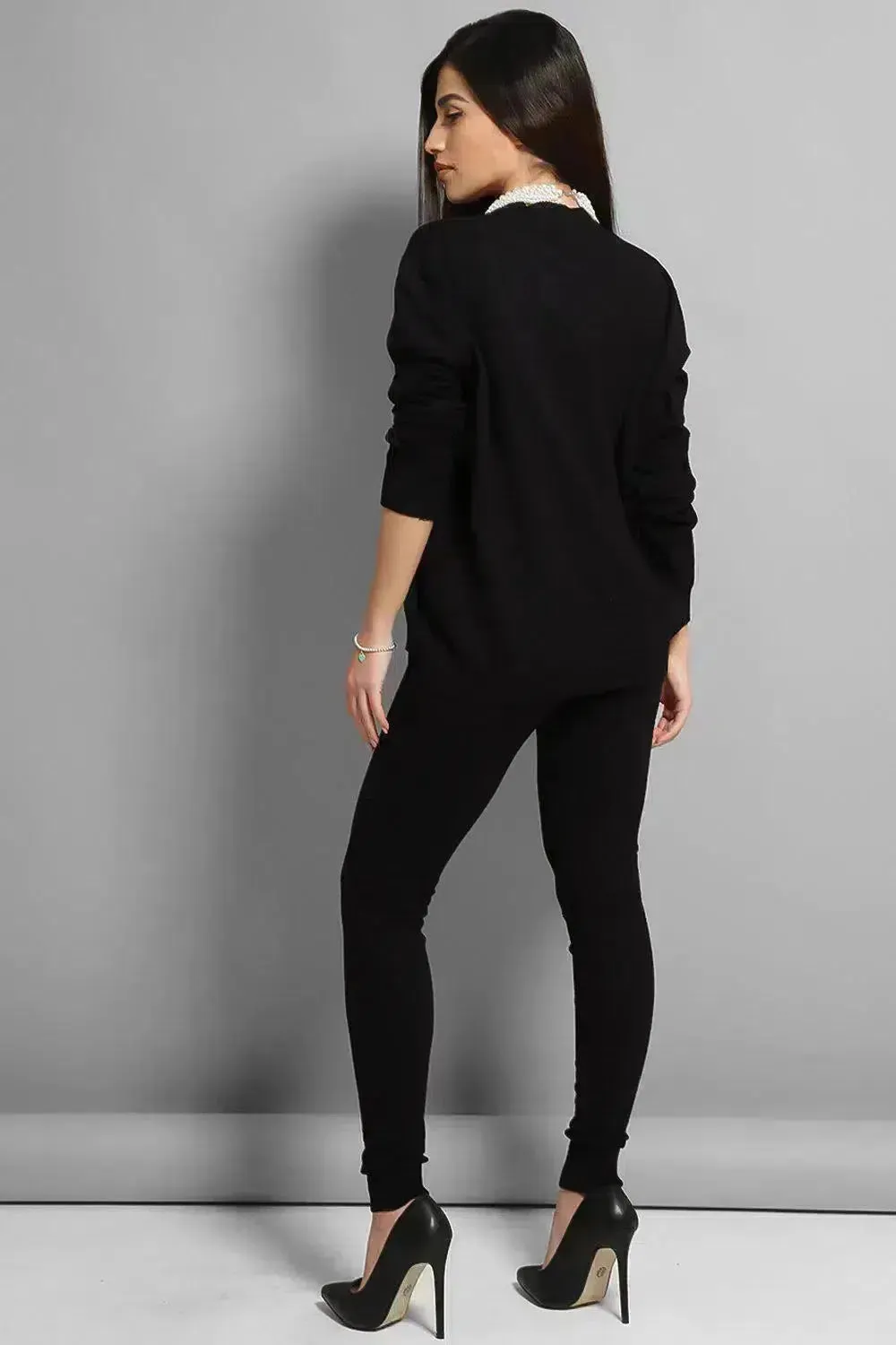 PEARL ACCESSORISED JUMPER & LEGGINGS KNIT BLACK LOUNGE SET