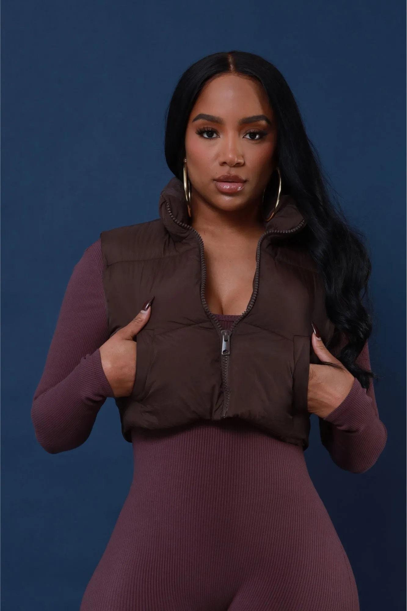 Push Your Limits Cropped Puffer Vest - Brown