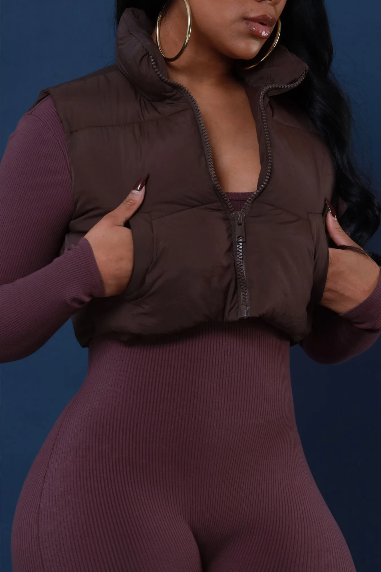 Push Your Limits Cropped Puffer Vest - Brown