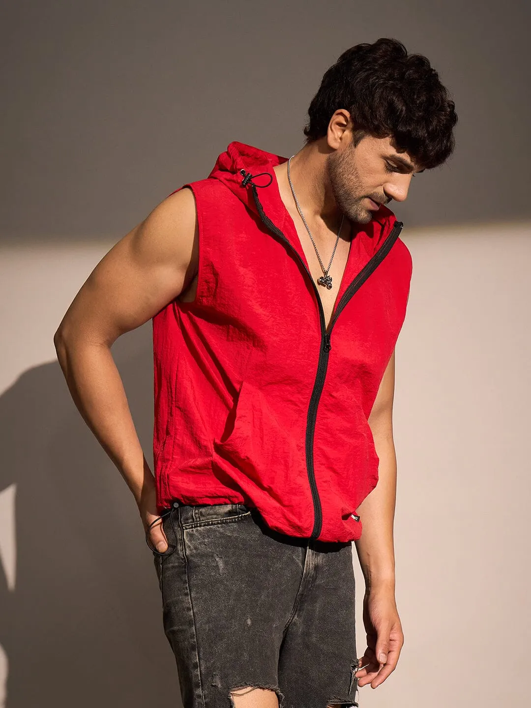 Red Crushed Nylon Sleeveless Windbreaker Jacket