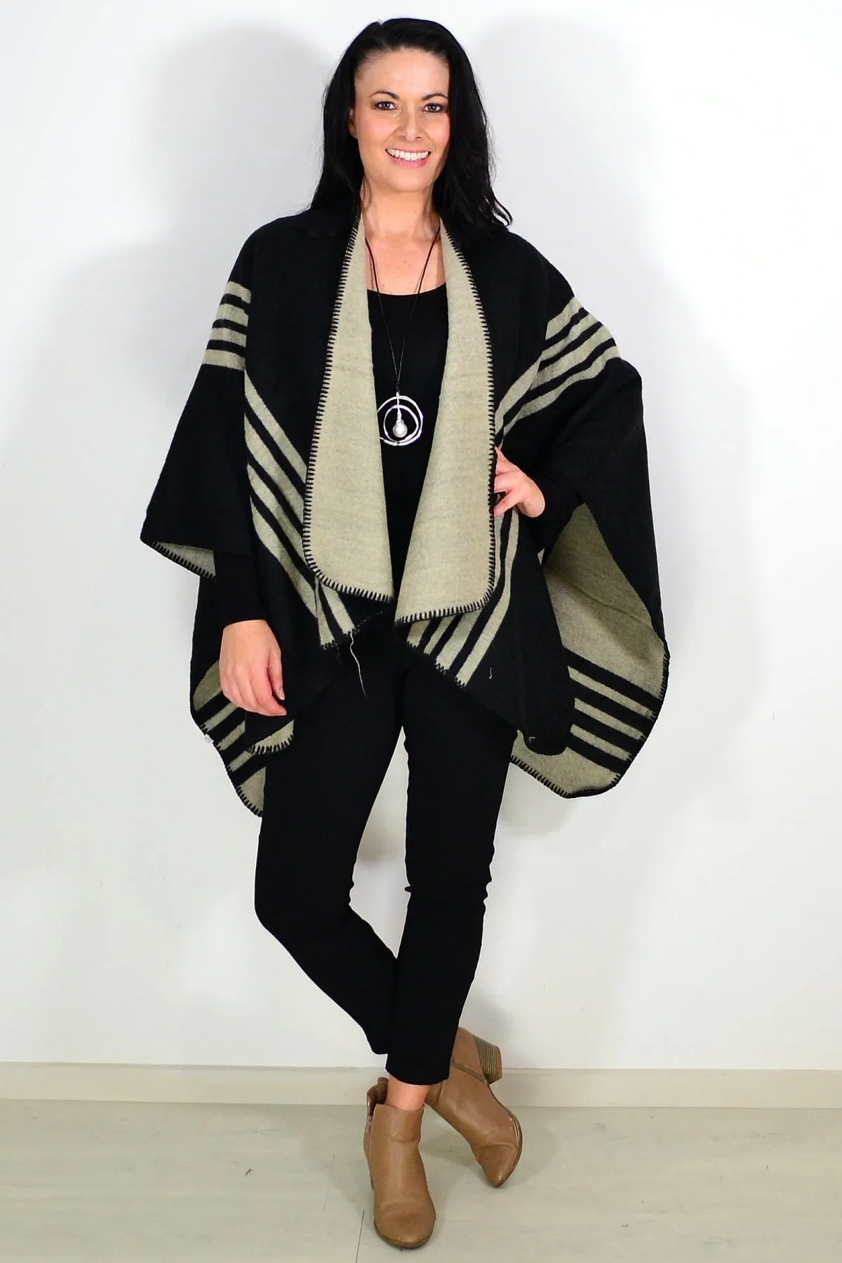 Reversible Beige Black Wool Blend Wrap