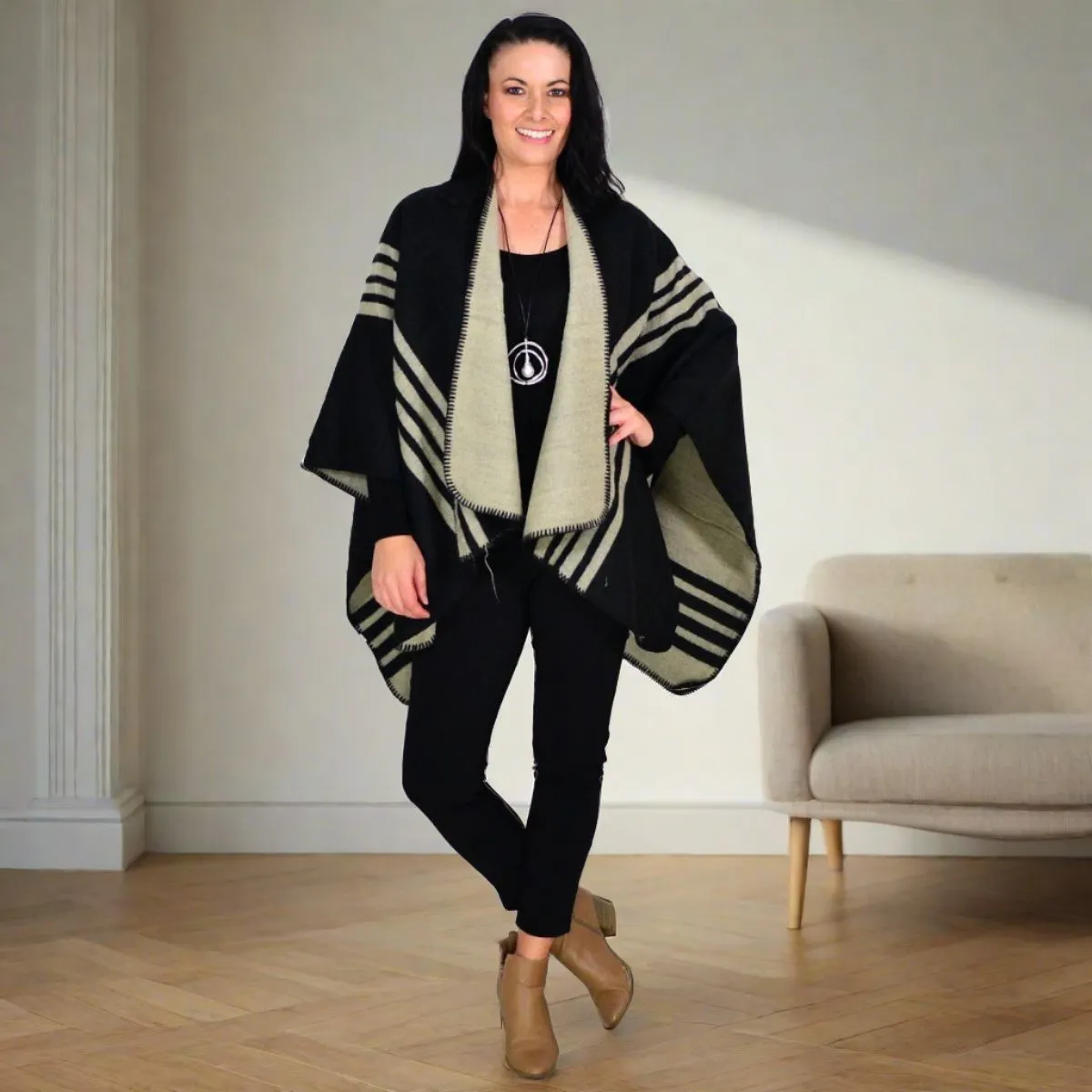 Reversible Beige Black Wool Blend Wrap