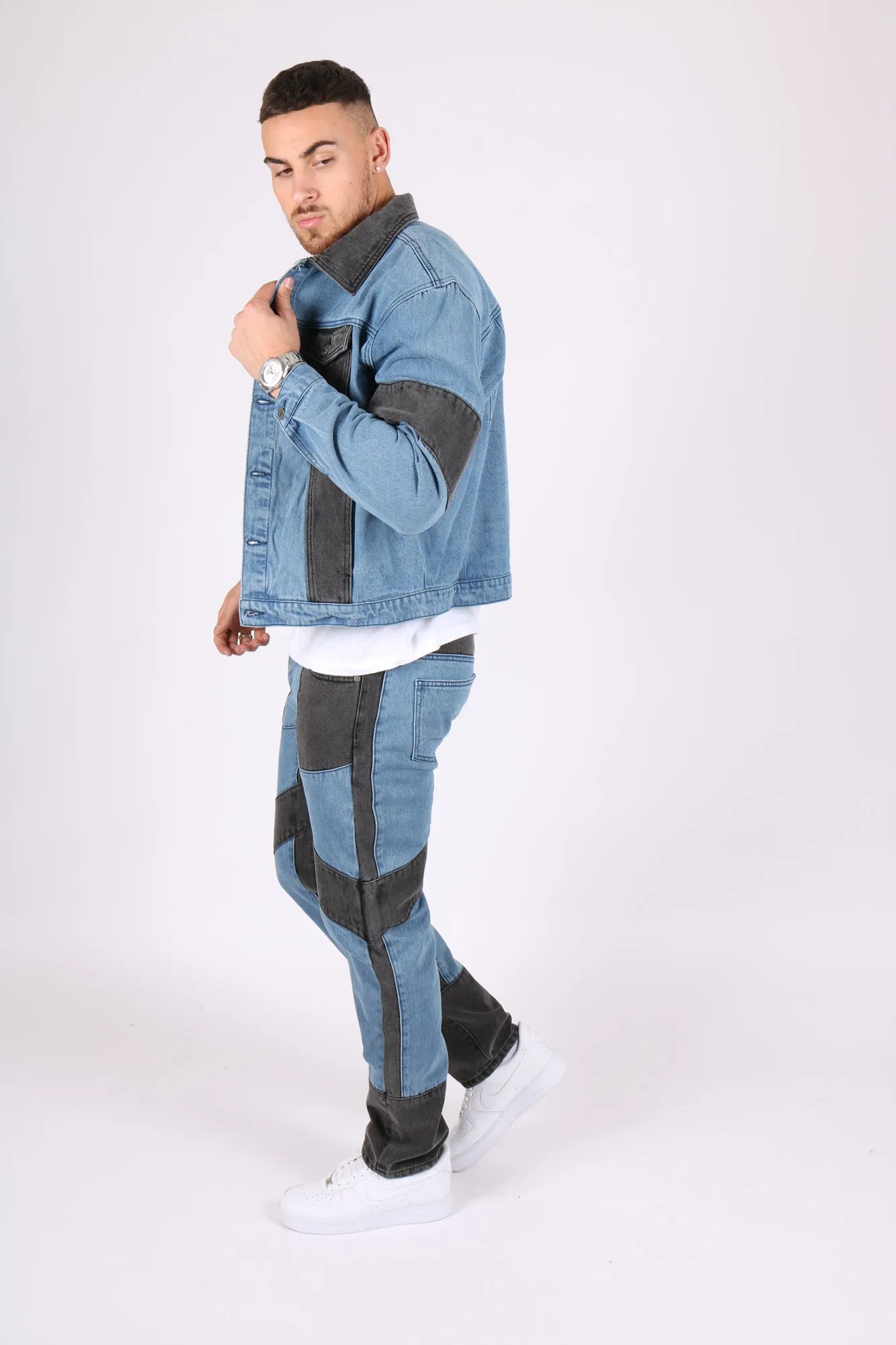 Ryda Blue & Black Oversized Motorbiker Panel-Work Denim Jacket