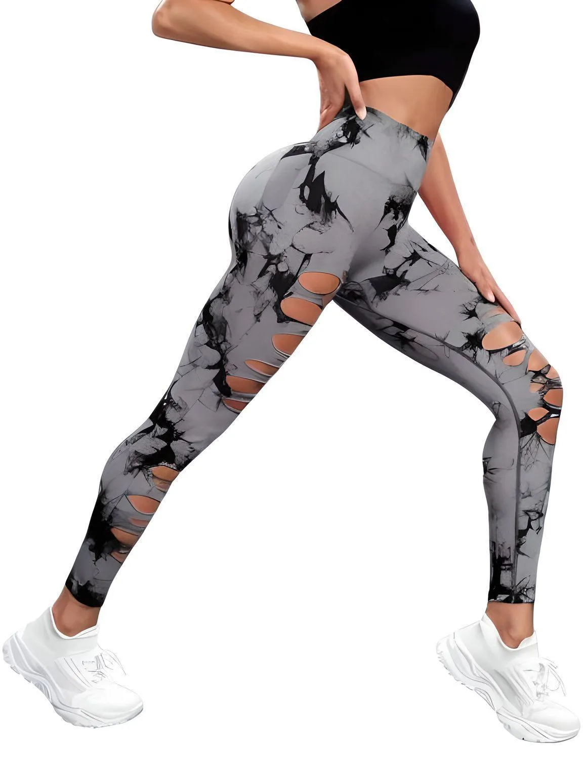 Sexy Ripped Tie Dye Leggings Women Seamless Leggings High Waist Hip Lifting Stretchy Sports Fitness Running Yoga Tights