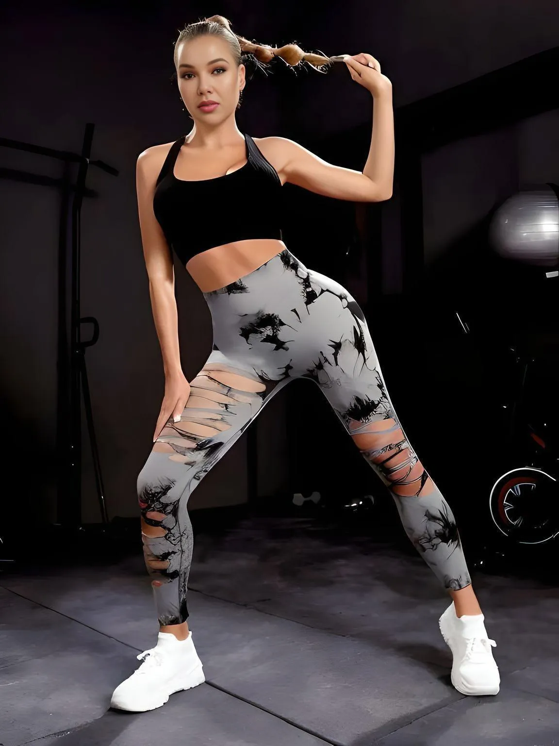 Sexy Ripped Tie Dye Leggings Women Seamless Leggings High Waist Hip Lifting Stretchy Sports Fitness Running Yoga Tights