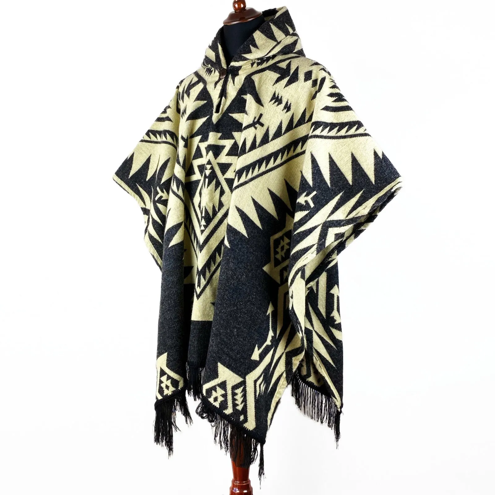 Tarqui - Baby Alpaca wool Unisex Hooded Poncho Pullover S-XXL - Aztec pattern