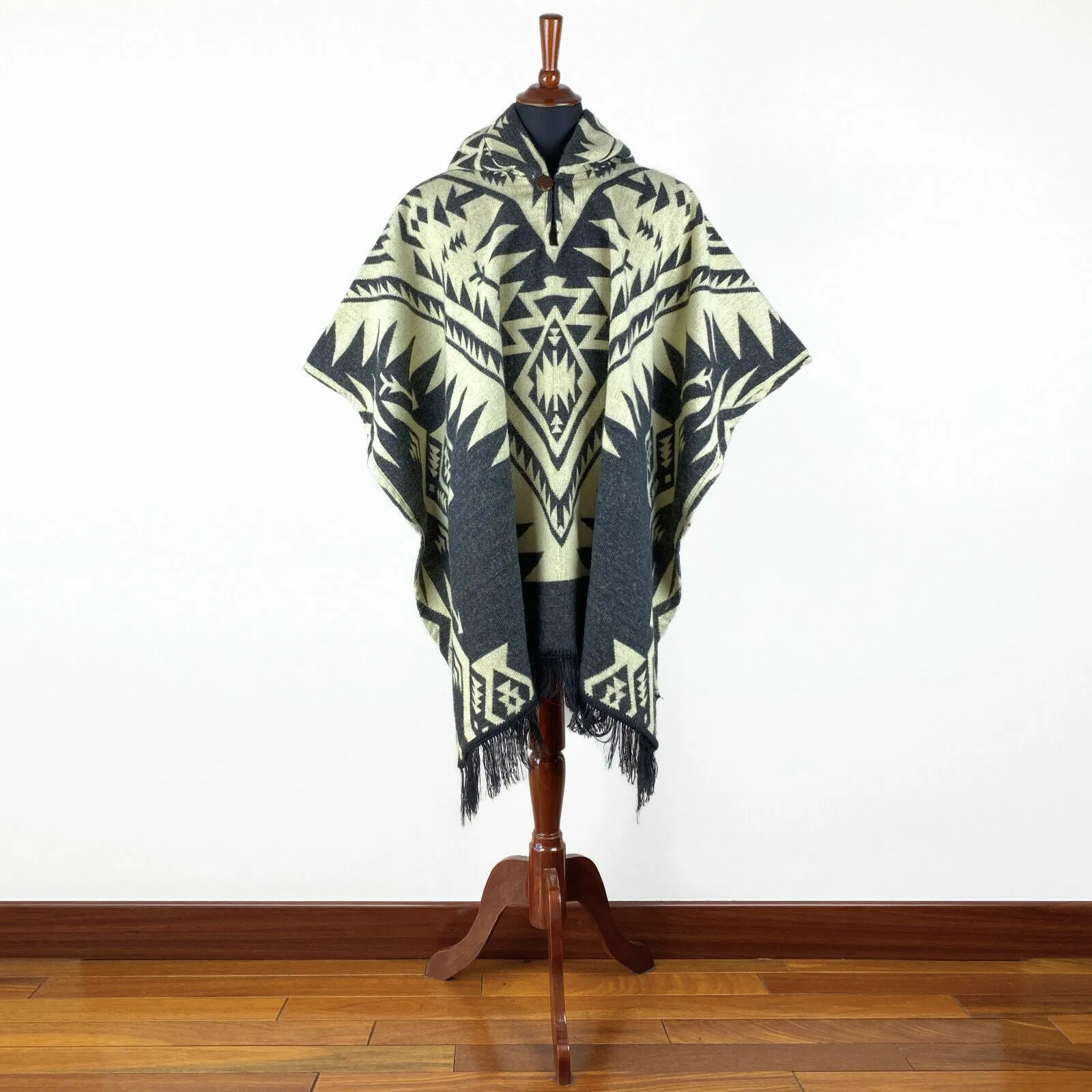 Tarqui - Baby Alpaca wool Unisex Hooded Poncho Pullover S-XXL - Aztec pattern