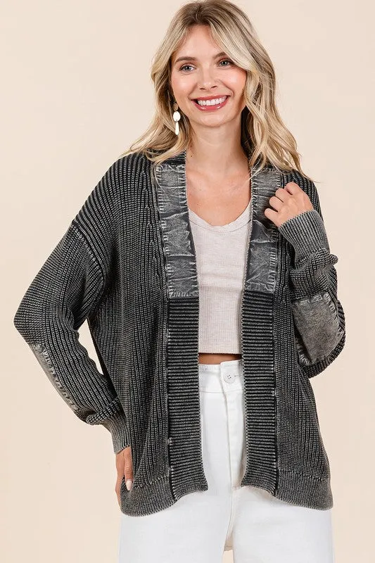 TEEK - Black Contrast Patch Open Front Mineral Wash Cardigan