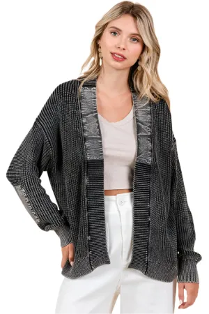 TEEK - Black Contrast Patch Open Front Mineral Wash Cardigan