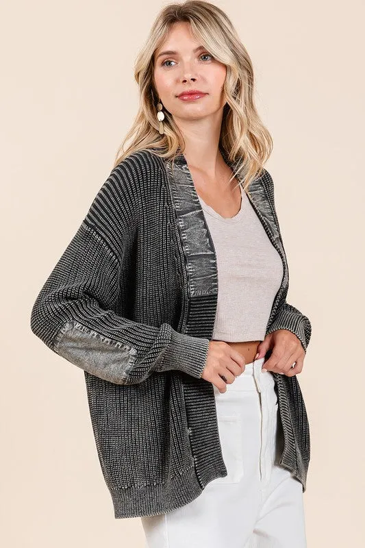 TEEK - Black Contrast Patch Open Front Mineral Wash Cardigan