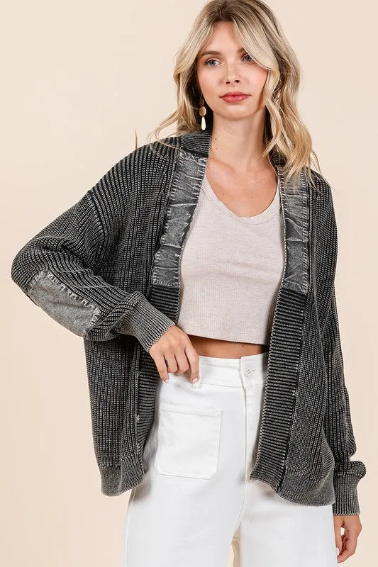 TEEK - Black Contrast Patch Open Front Mineral Wash Cardigan