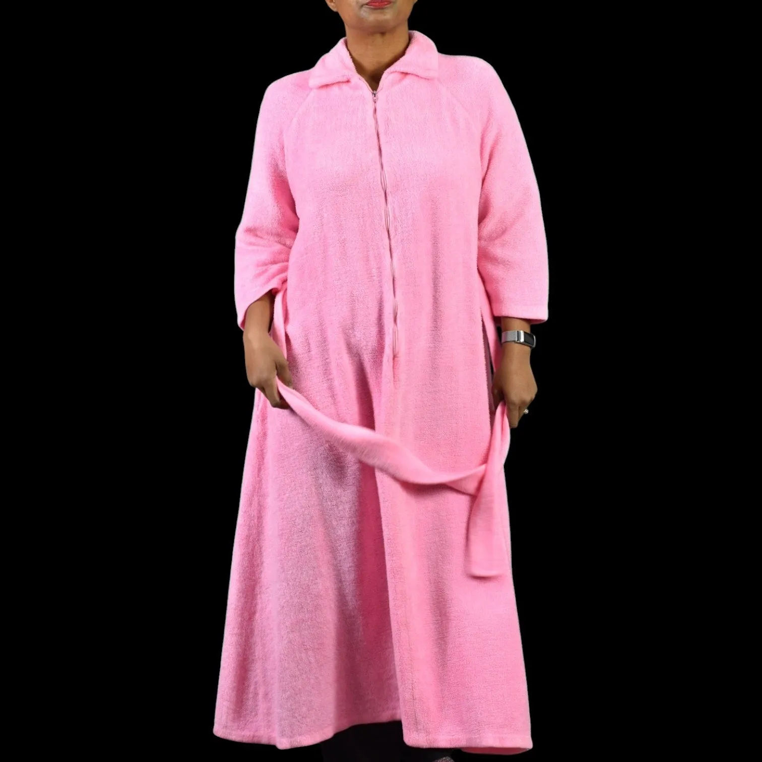 Vintage Sears Fleece Robe Pink Home Housecoat Pile Furry Belted Long Loungewear Small