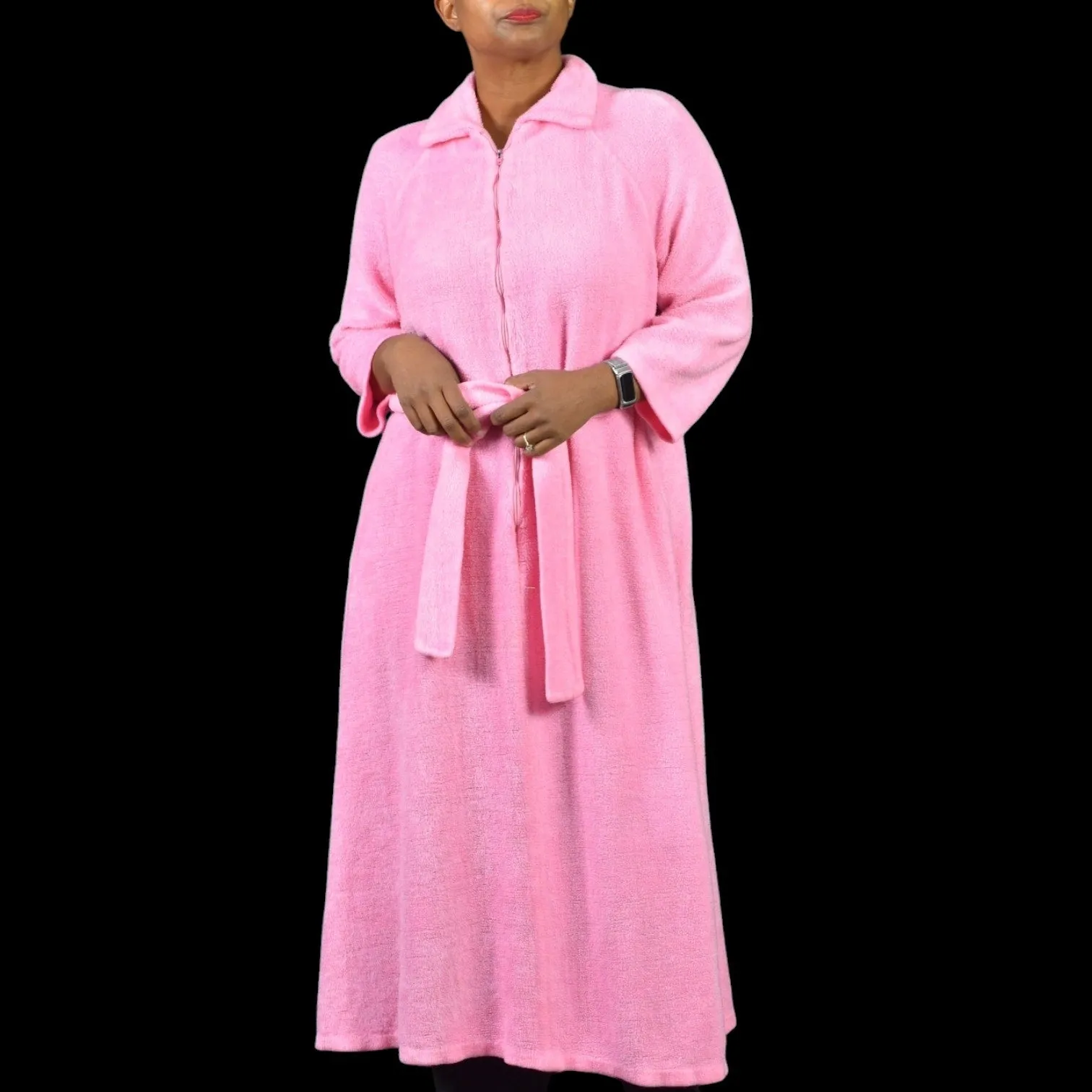 Vintage Sears Fleece Robe Pink Home Housecoat Pile Furry Belted Long Loungewear Small