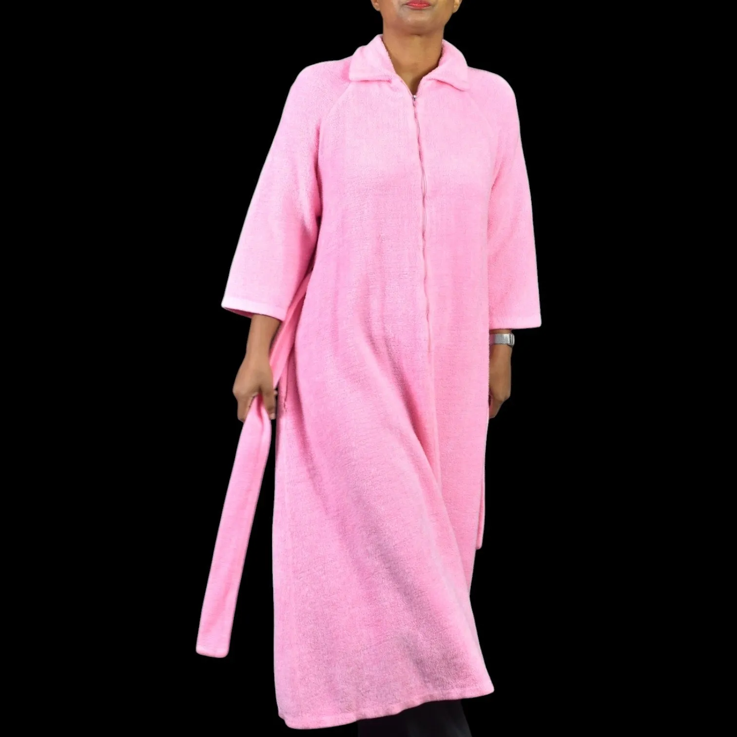 Vintage Sears Fleece Robe Pink Home Housecoat Pile Furry Belted Long Loungewear Small