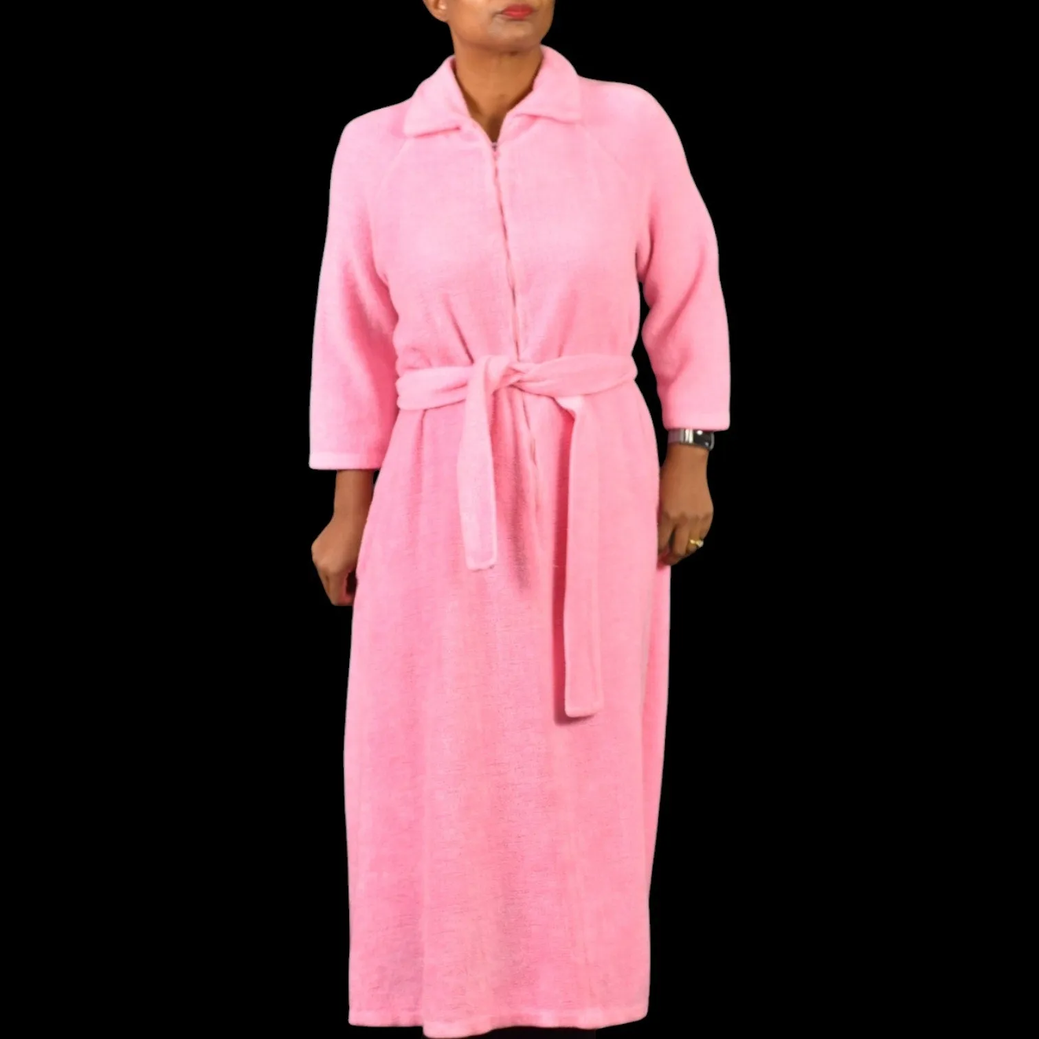 Vintage Sears Fleece Robe Pink Home Housecoat Pile Furry Belted Long Loungewear Small