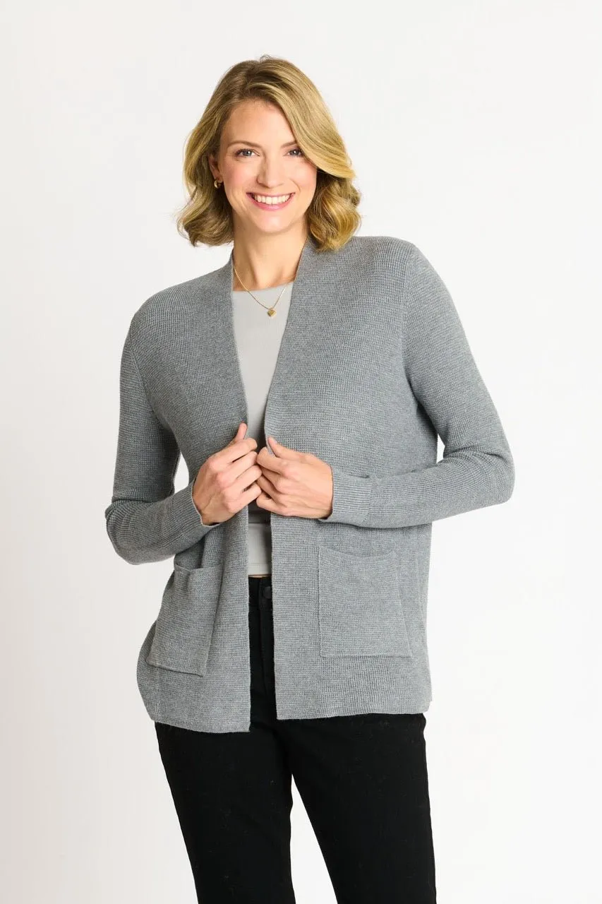 Waffle Stitch Cardigan Sweater with Pocket, Medium Grey Heather