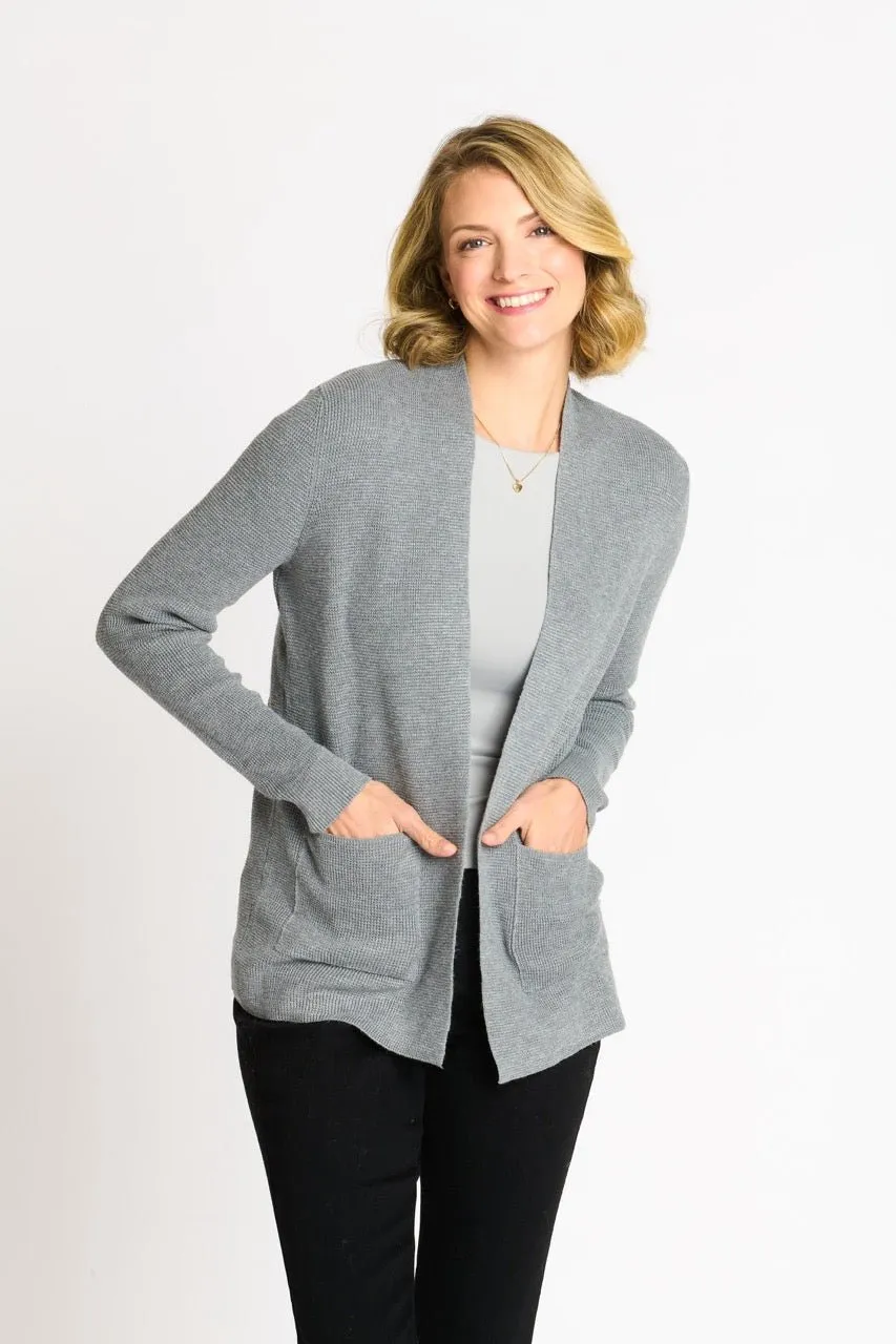 Waffle Stitch Cardigan Sweater with Pocket, Medium Grey Heather