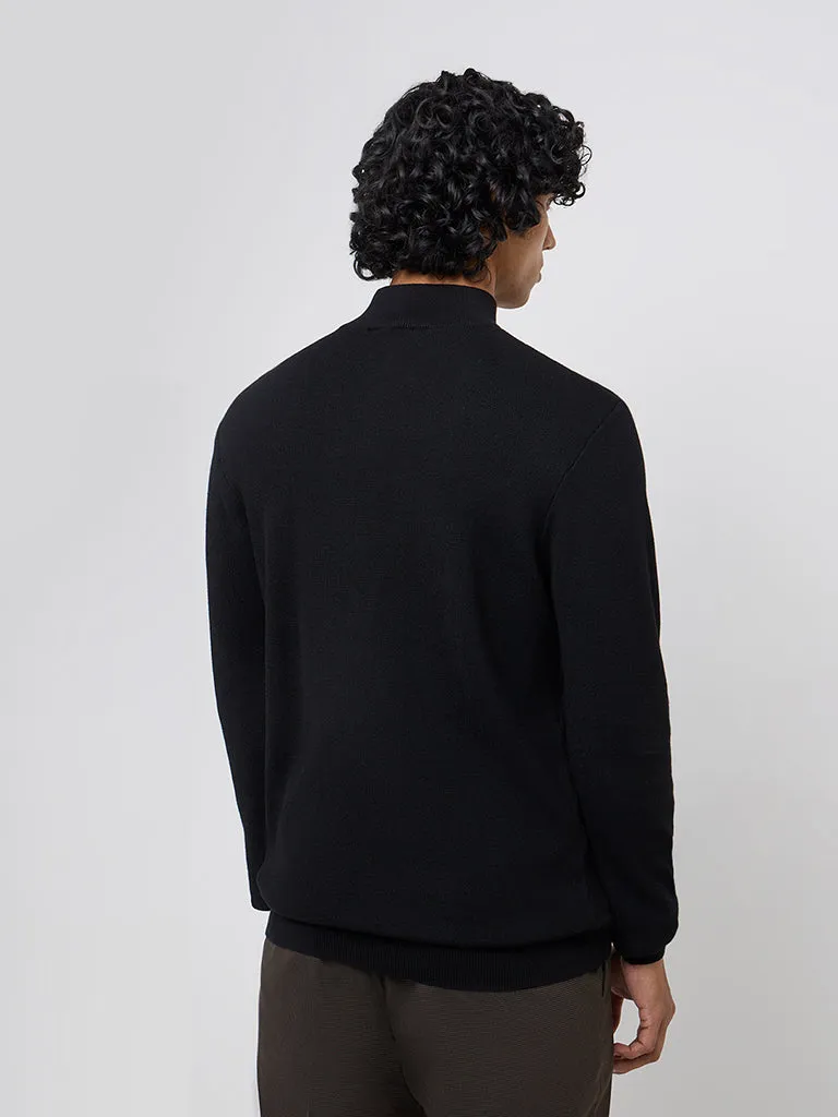 WES Formals Black Knitted Slim-Fit High-Neck Sweater