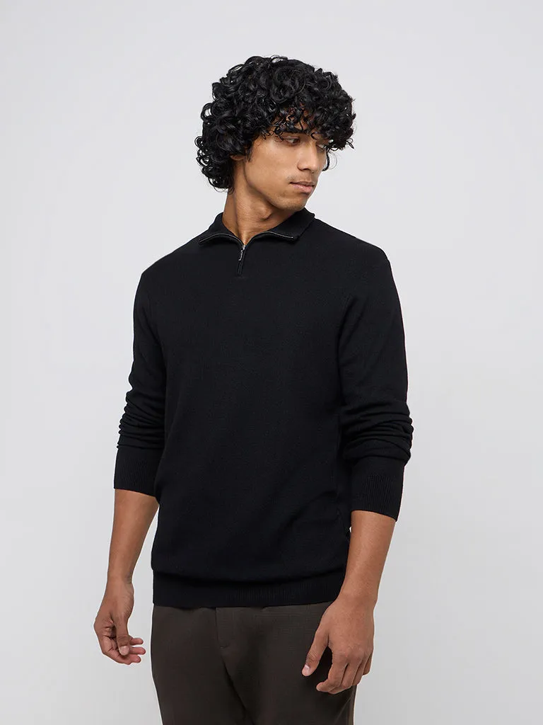 WES Formals Black Knitted Slim-Fit High-Neck Sweater