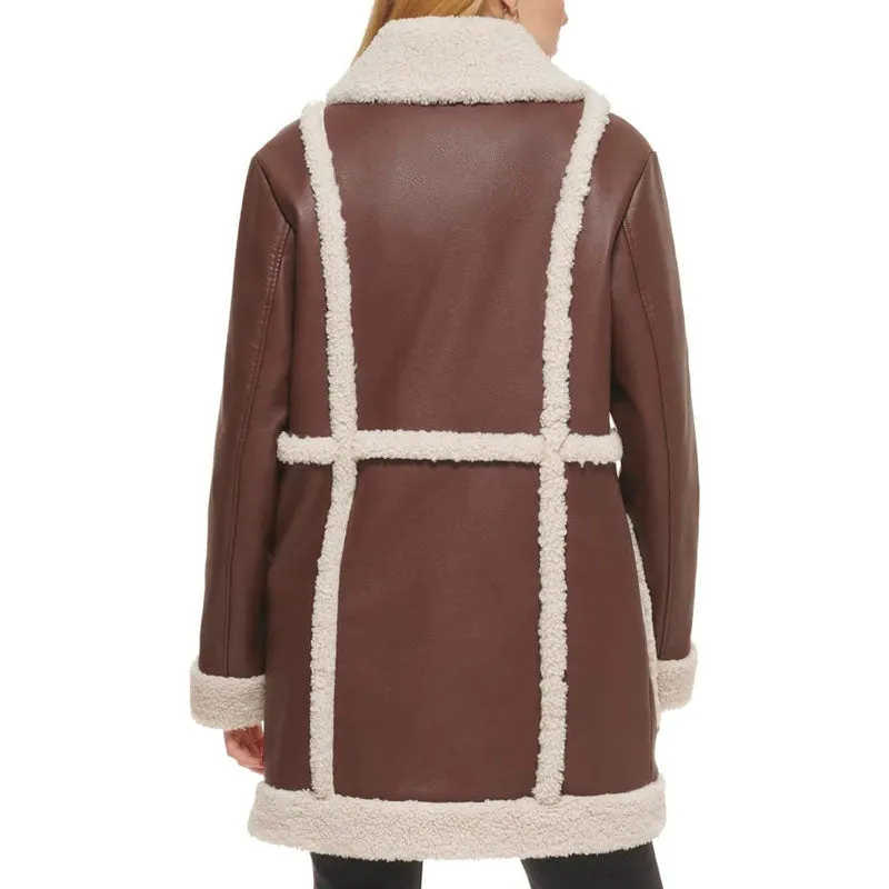 Women Brown Vintage RAF Aviator Flight Shearling Long Fur Sherpa Line Coat