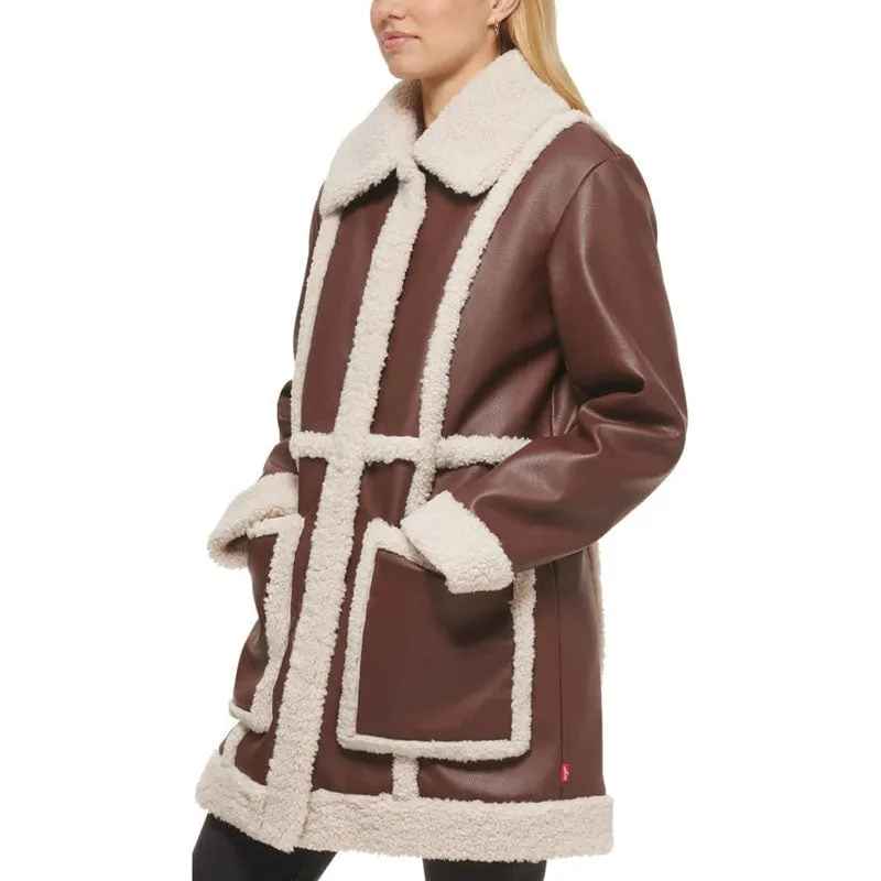 Women Brown Vintage RAF Aviator Flight Shearling Long Fur Sherpa Line Coat