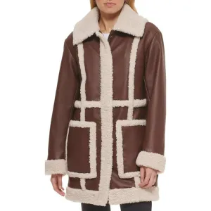 Women Brown Vintage RAF Aviator Flight Shearling Long Fur Sherpa Line Coat