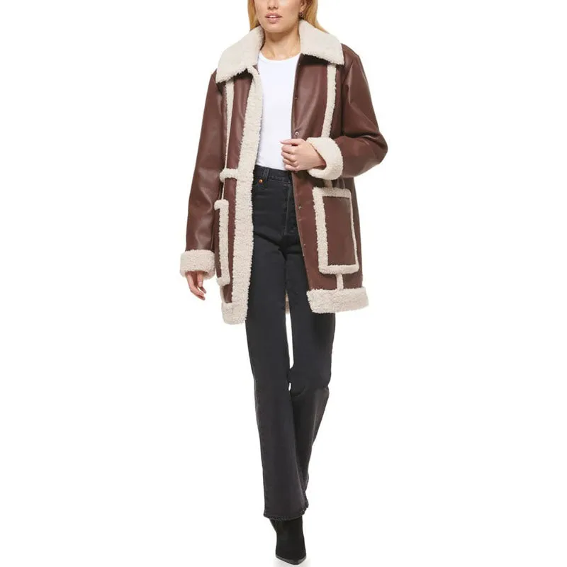 Women Brown Vintage RAF Aviator Flight Shearling Long Fur Sherpa Line Coat