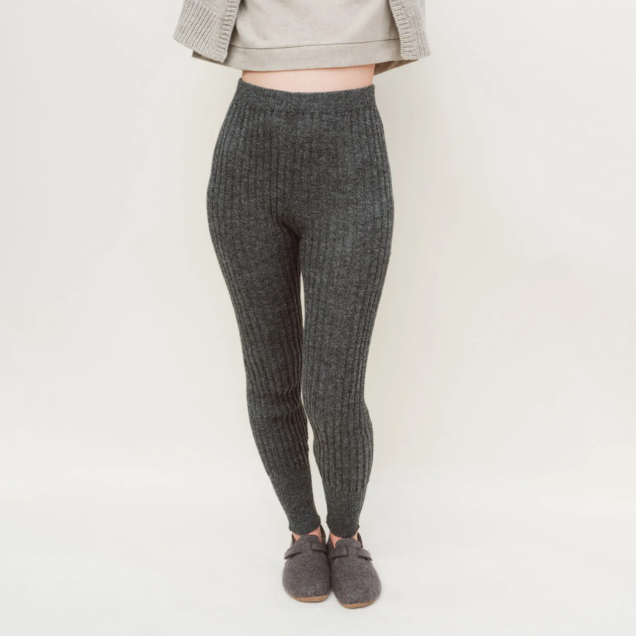 Women's High Waisted Knitted Rib Leggings - 100% Baby Alpaca - Salt & Pepper (S-XL)