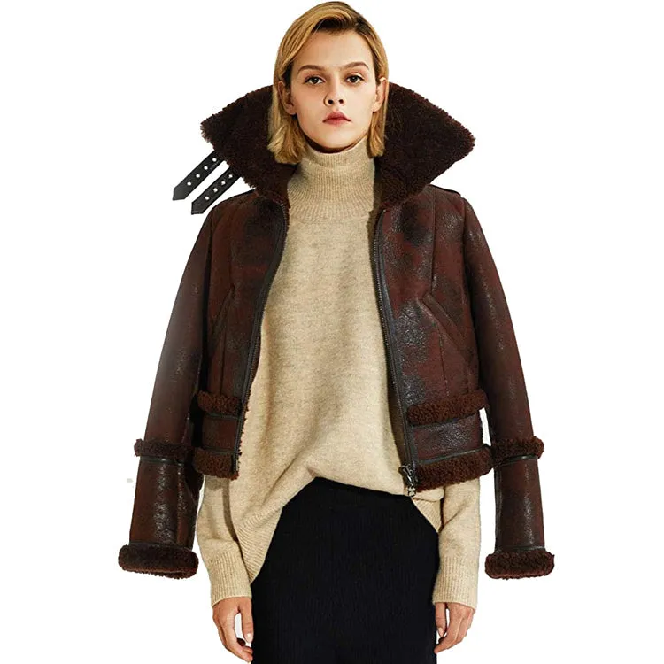 Womens Shearling Moto Jacket Brown