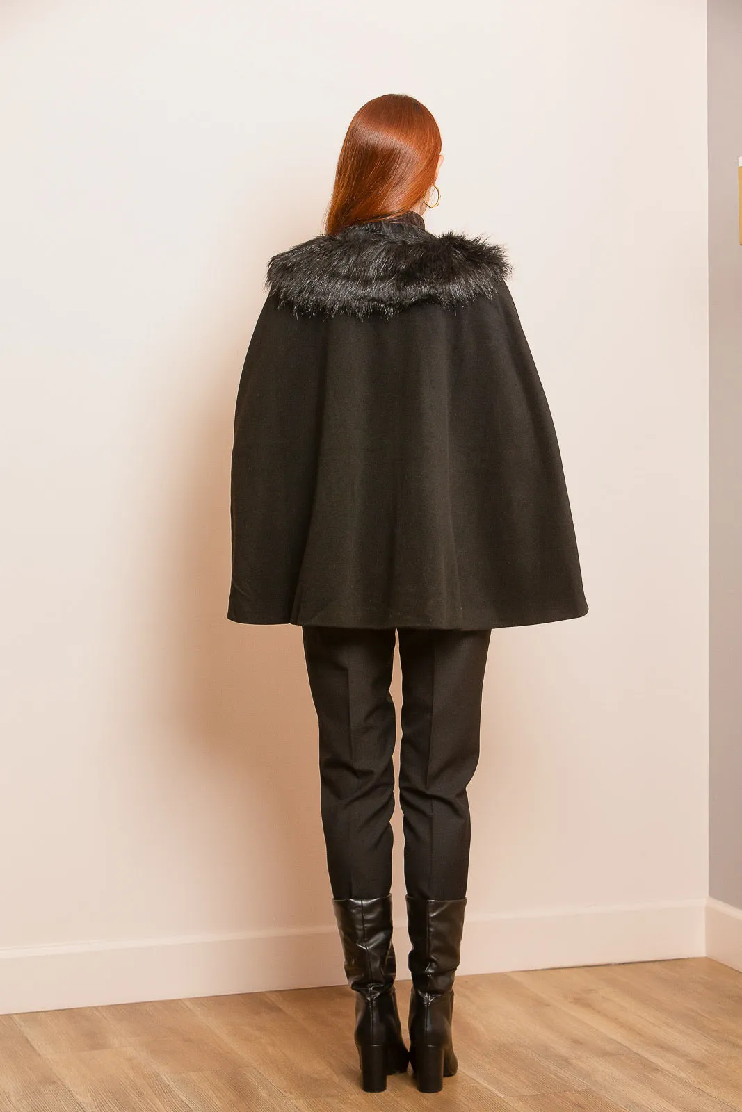 Wool Cape with Front Zipper Detail in Black