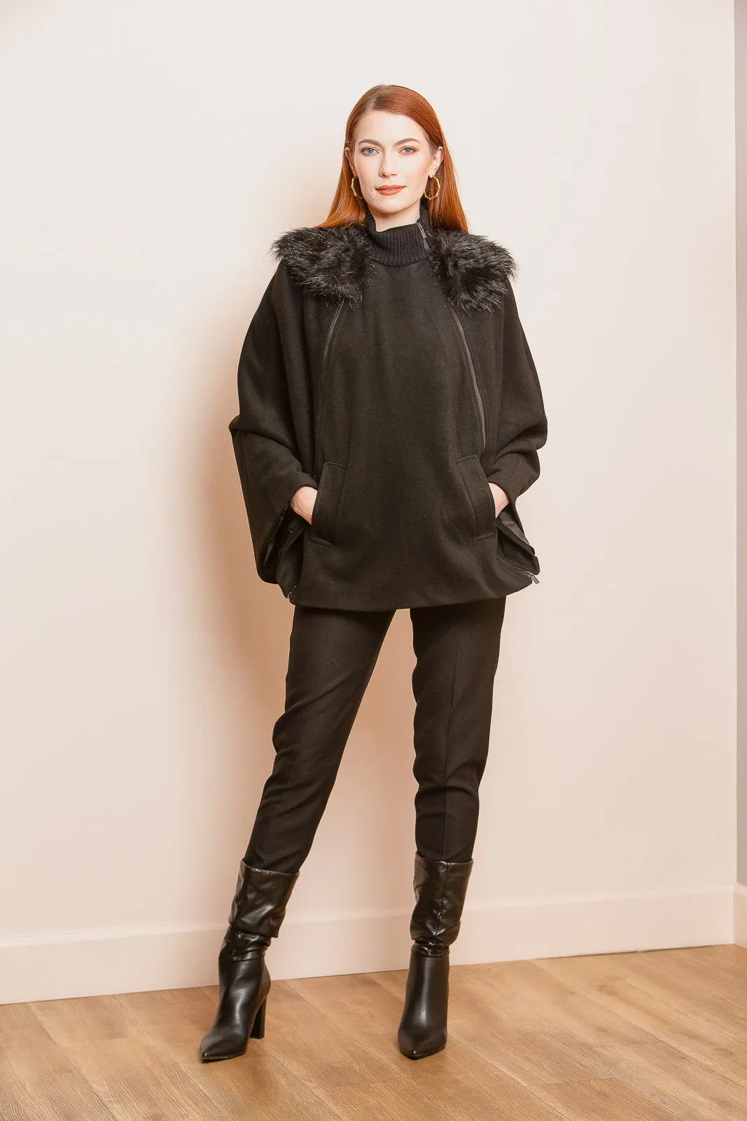 Wool Cape with Front Zipper Detail in Black