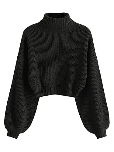 ZAFUL Women's Cropped Turtleneck Sweater Lantern Sleeve Ribbed Knit Pullover Sweater Jumper (2-Black, M)