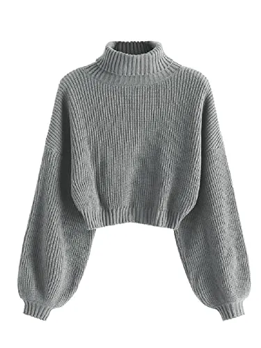 ZAFUL Women's Cropped Turtleneck Sweater Lantern Sleeve Ribbed Knit Pullover Sweater Jumper (2-Gray, M)