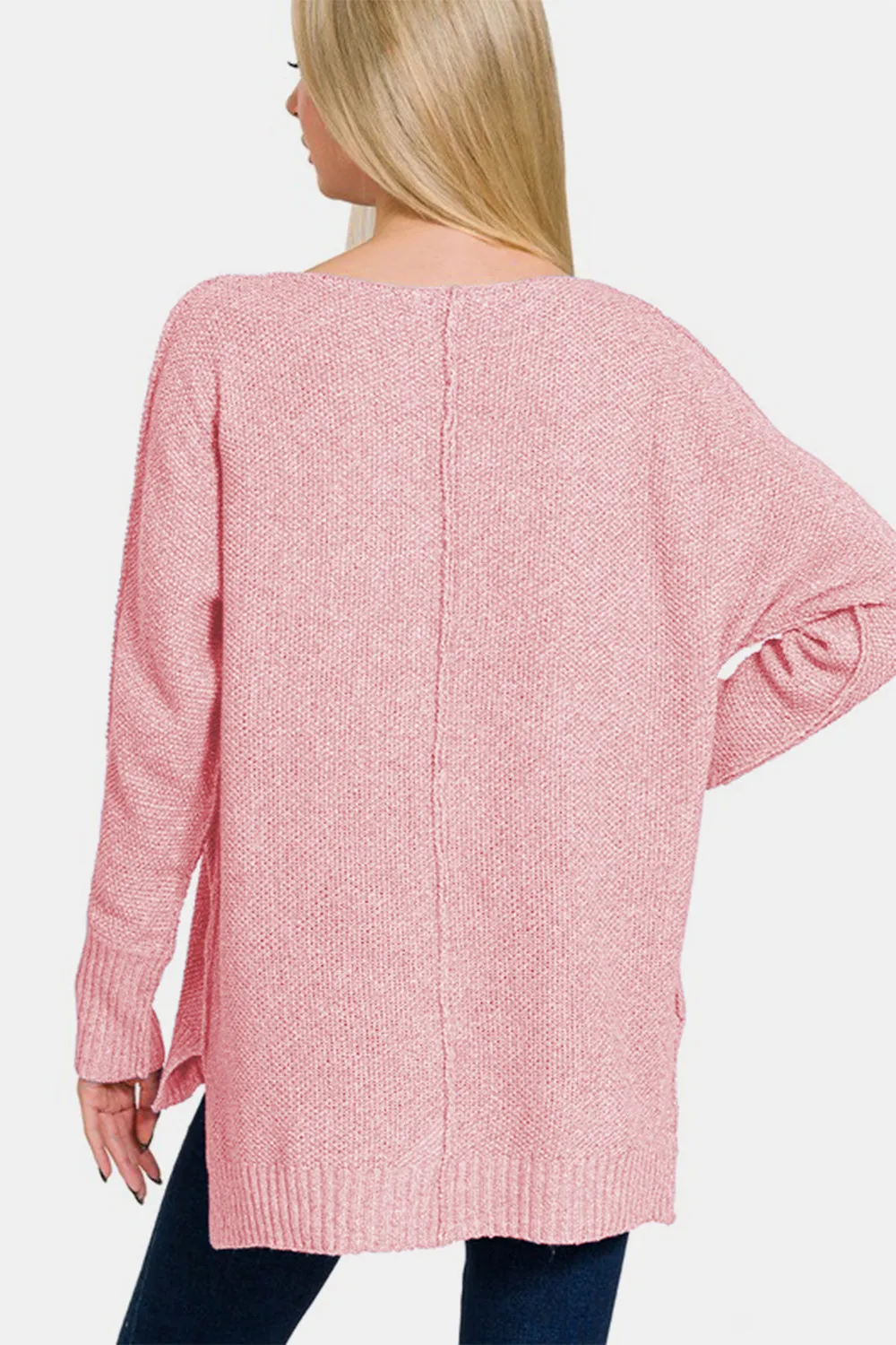 Zenana High-Low Center Seam V-Neck Sweater Pink